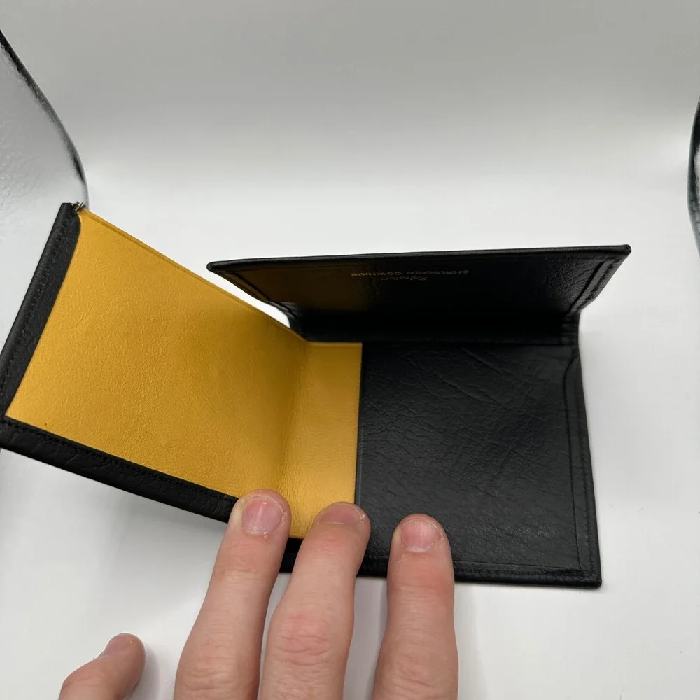 Salvatori Mens Black Shrunken Cowhide Leather Bifold Wallet Yellow Interior